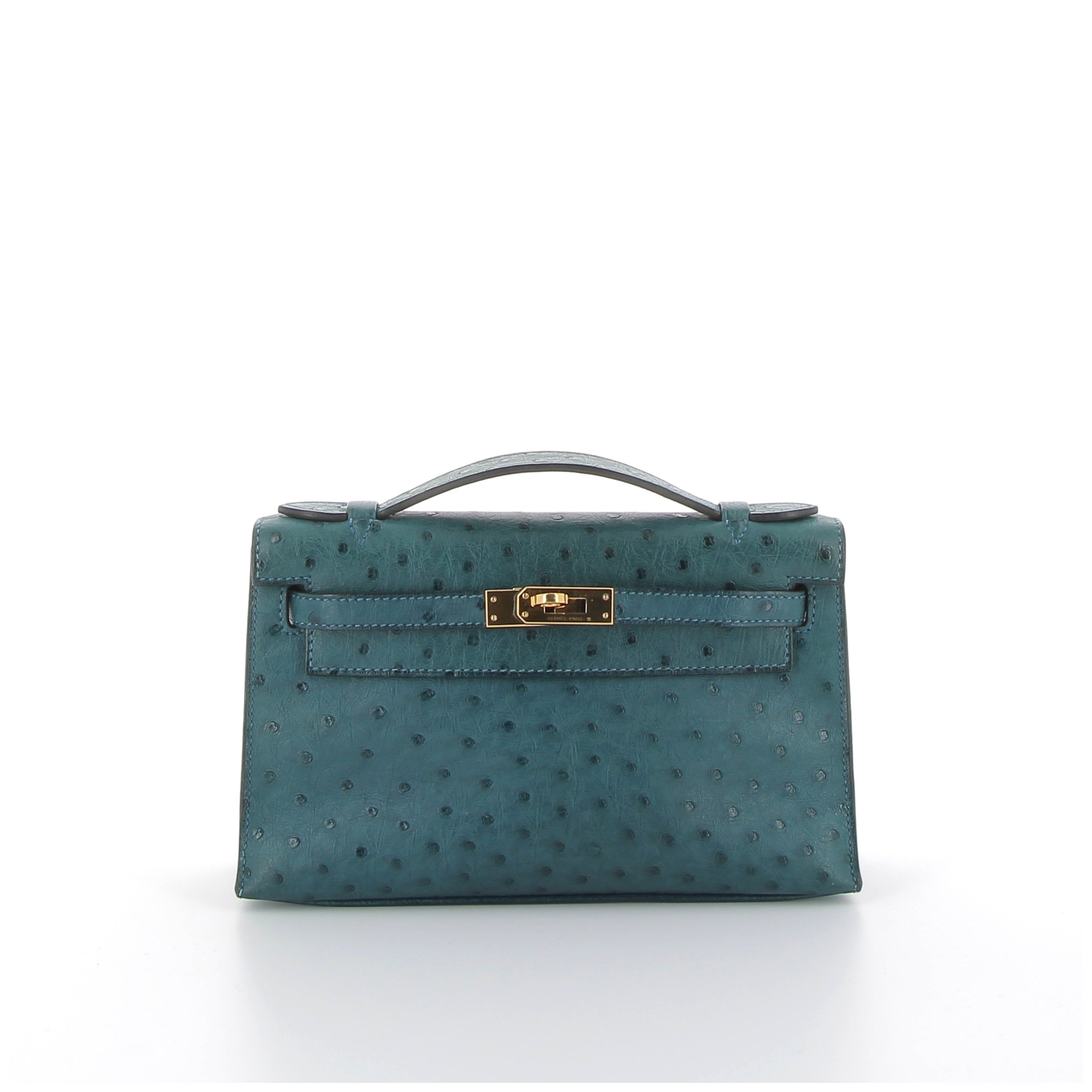 Kelly Pochette bleu canard Ostrich Gold hardware