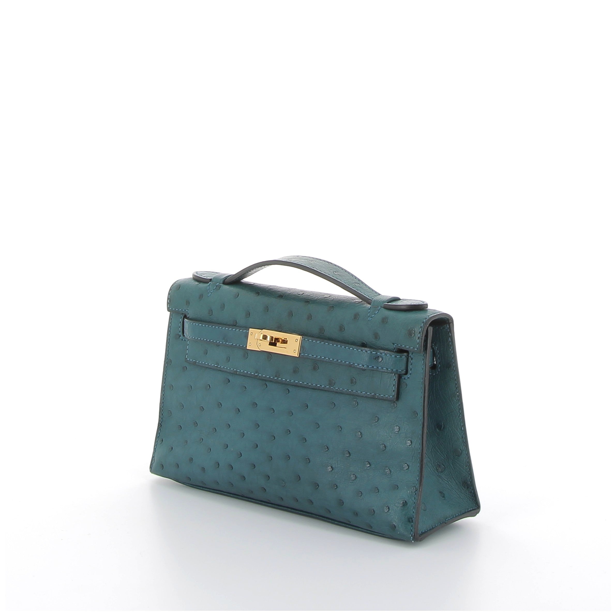 Kelly Pochette bleu canard Ostrich Gold hardware