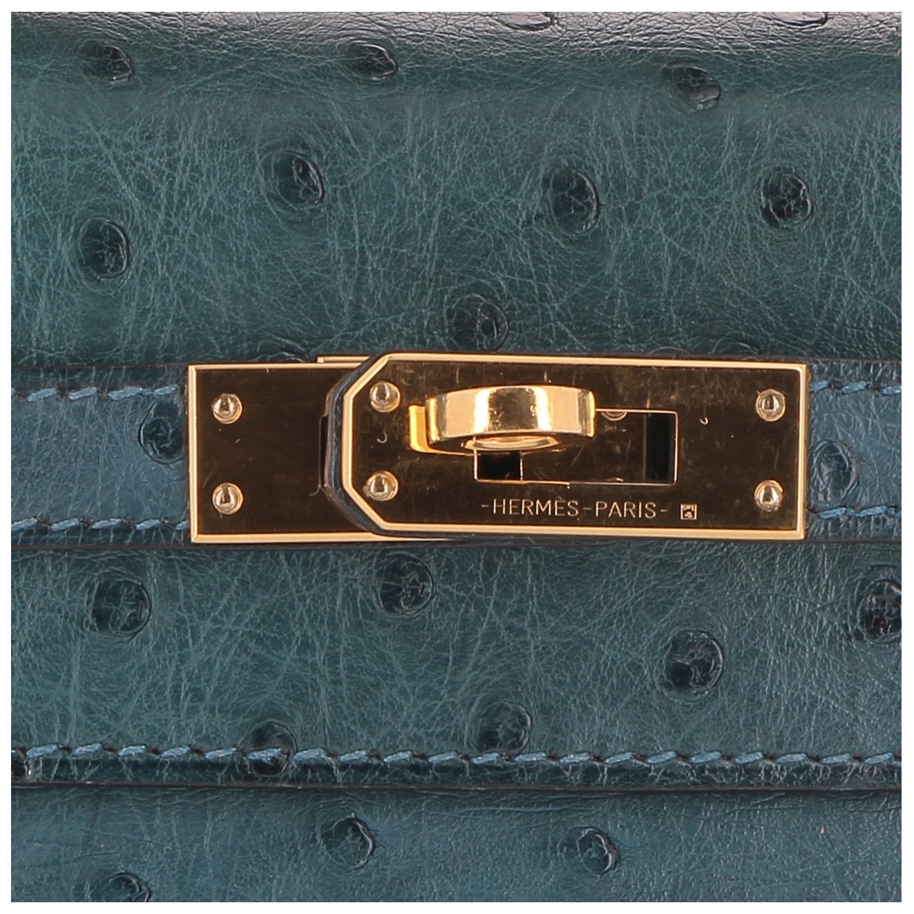 Kelly Pochette bleu canard Ostrich Gold hardware